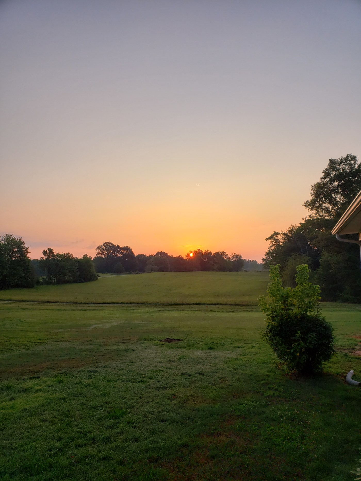 Sun about to rise behind a green field, lighting the purple dawn sky with orange